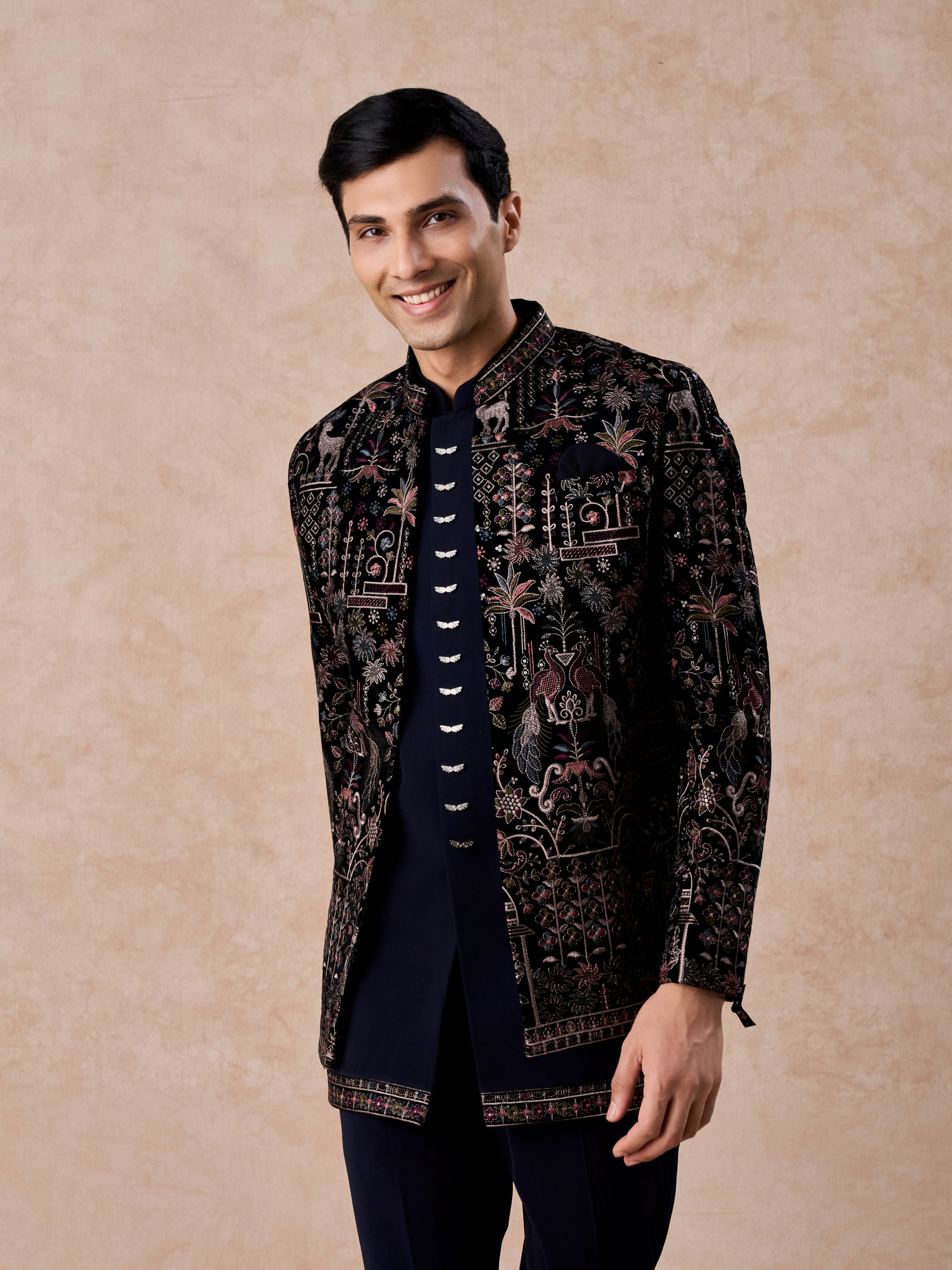 Manyavar Men Velvety Charm Dark Blue Open Jodhpuri Suit
