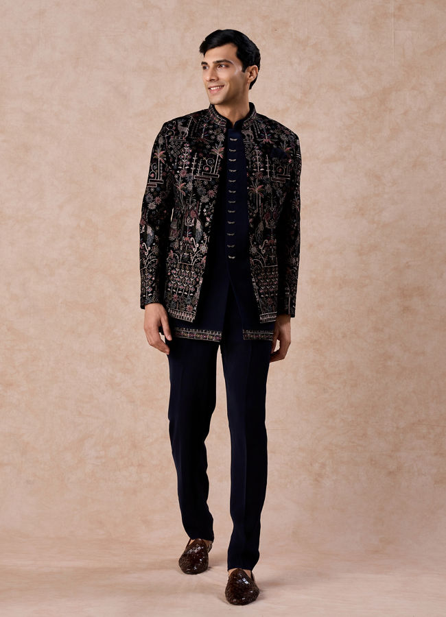 Manyavar Men Velvety Charm Dark Blue Open Jodhpuri Suit