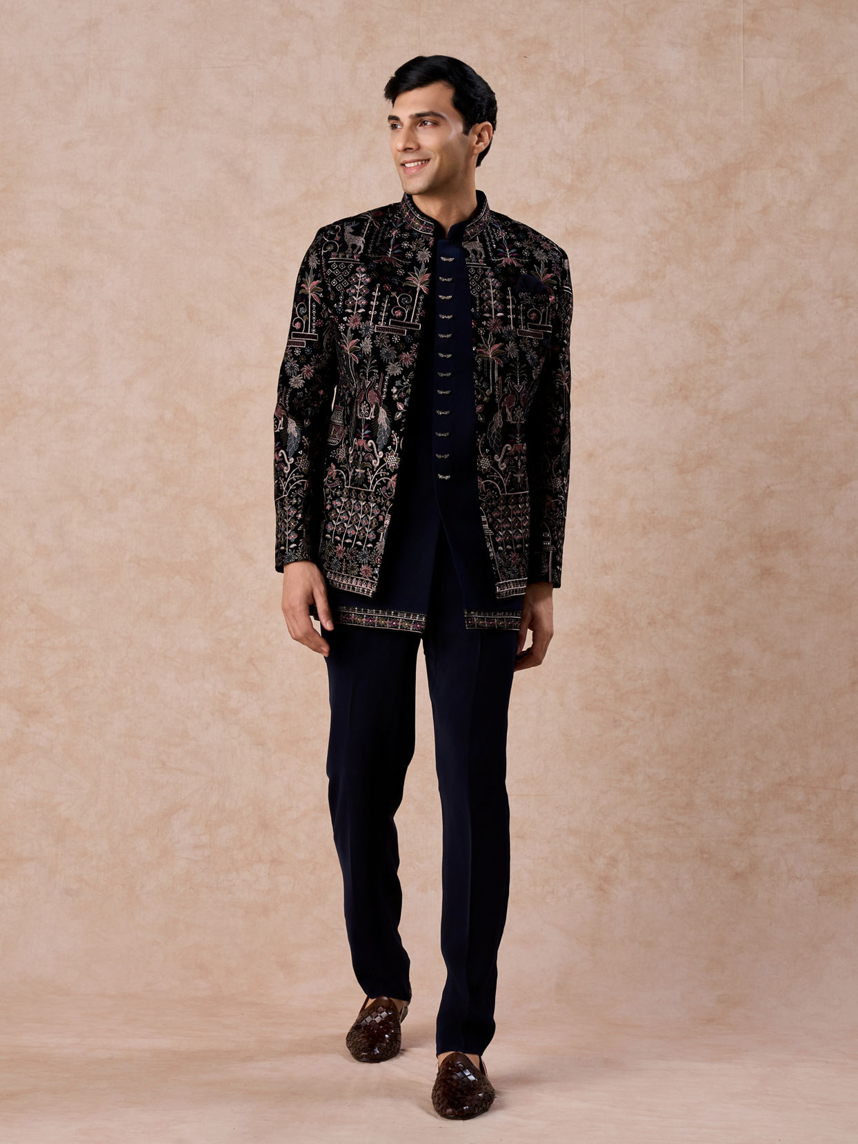 Manyavar Men Velvety Charm Dark Blue Open Jodhpuri Suit