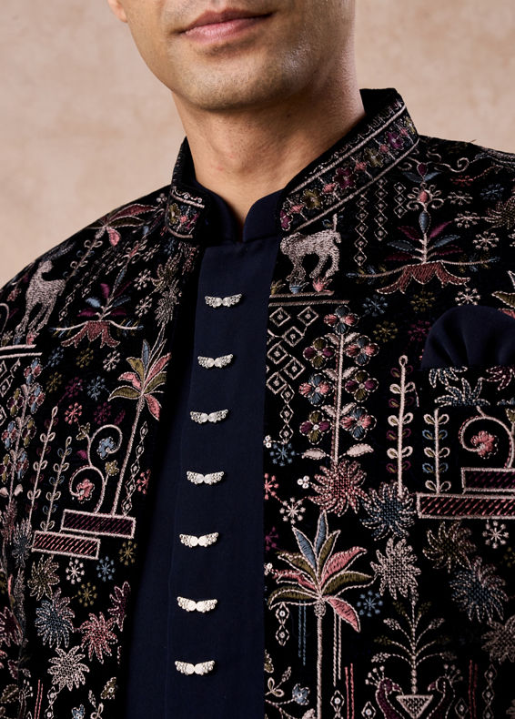 Manyavar Men Velvety Charm Dark Blue Open Jodhpuri Suit