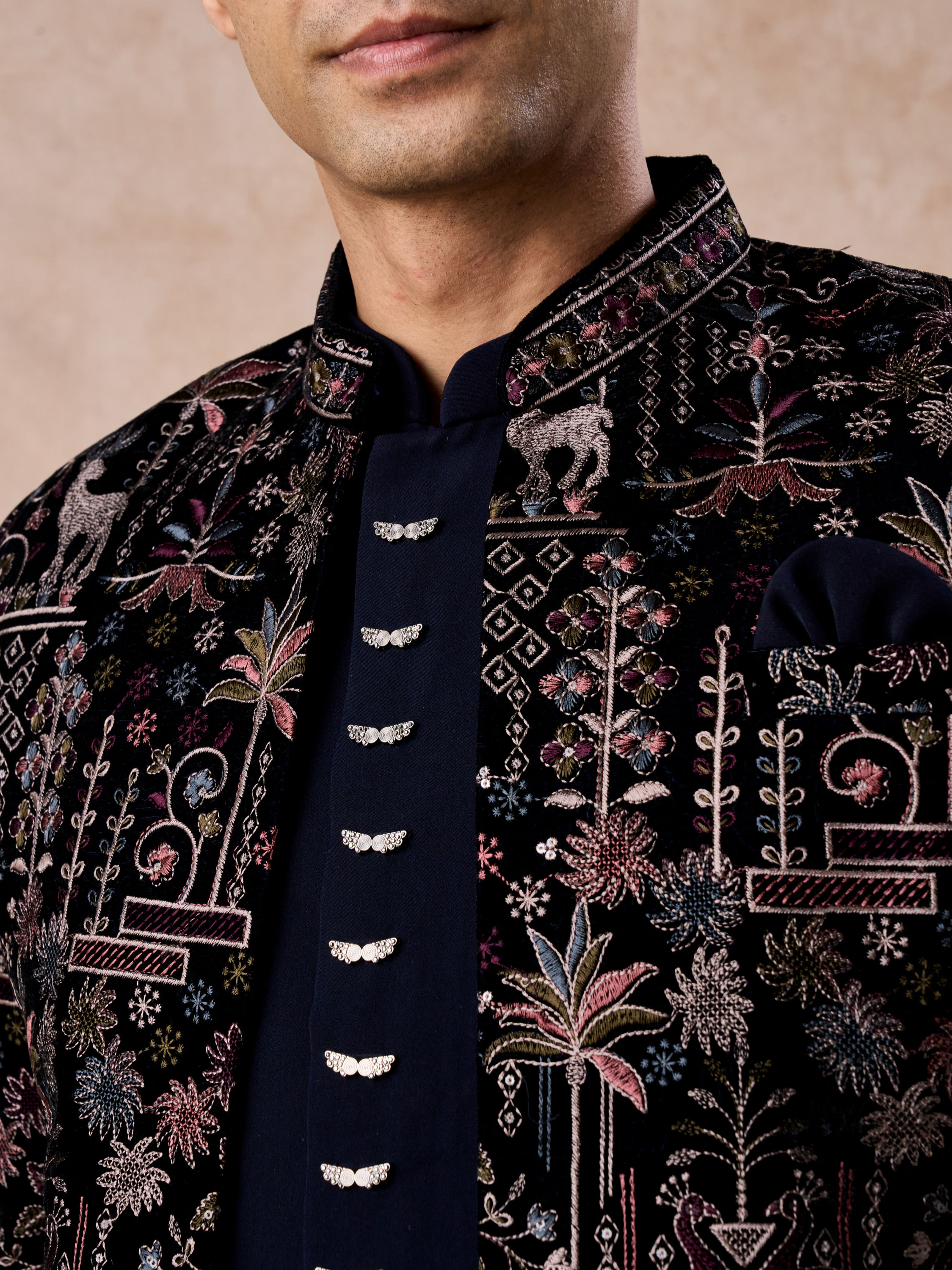 Manyavar Men Velvety Charm Dark Blue Open Jodhpuri Suit