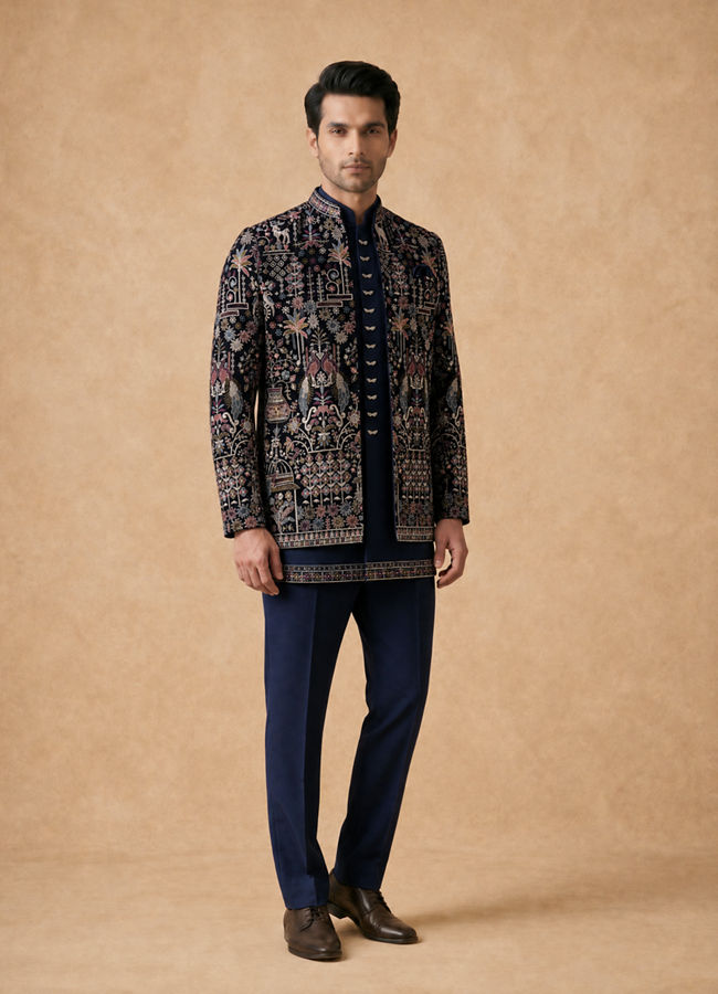 Manyavar Men Velvety Charm Dark Blue Open Jodhpuri Suit