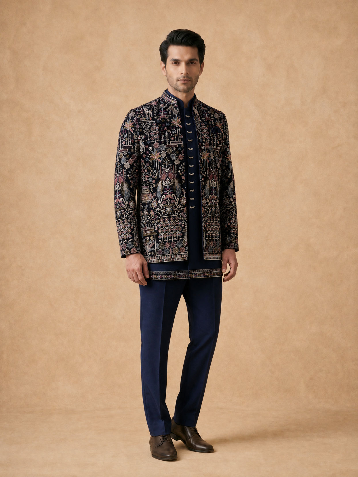 Manyavar Men Velvety Charm Dark Blue Open Jodhpuri Suit