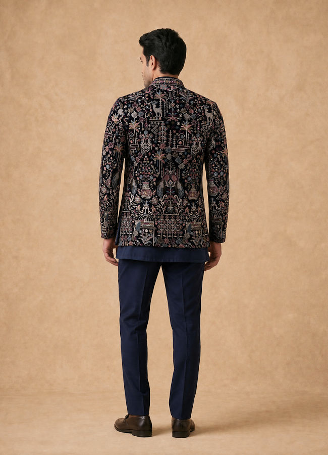 Manyavar Men Velvety Charm Dark Blue Open Jodhpuri Suit