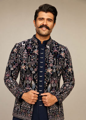 Manyavar Men Velvety Charm Dark Blue Open Jodhpuri Suit
