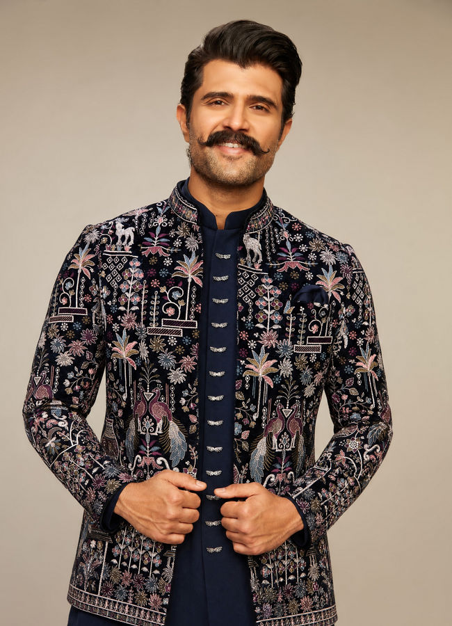 Manyavar Men Velvety Charm Dark Blue Open Jodhpuri Suit