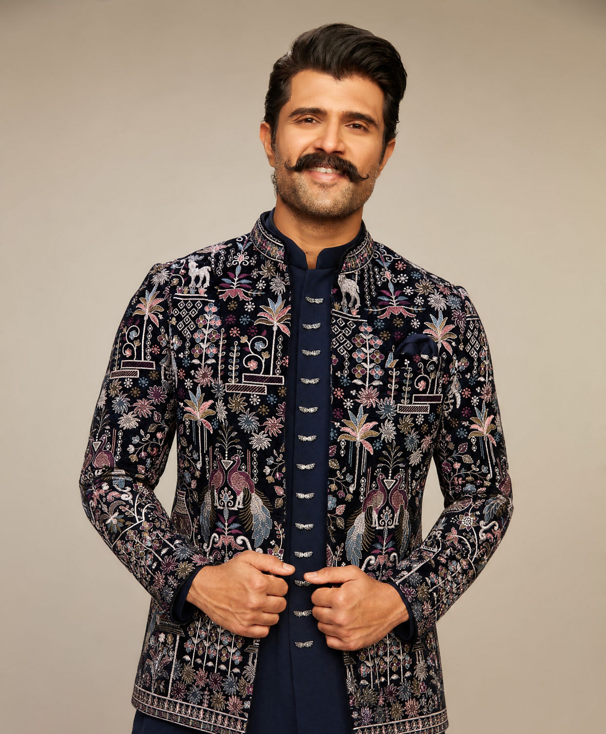 Manyavar Men Velvety Charm Dark Blue Open Jodhpuri Suit