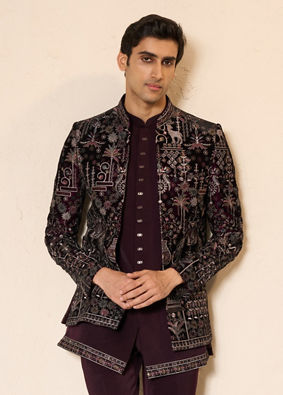 Manyavar Men Wine Velvet Embroidered Jodhpuri Suit