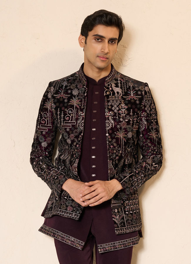 Manyavar Men Wine Velvet Embroidered Jodhpuri Suit