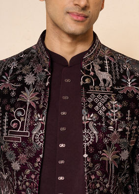 Manyavar Men Wine Velvet Embroidered Jodhpuri Suit