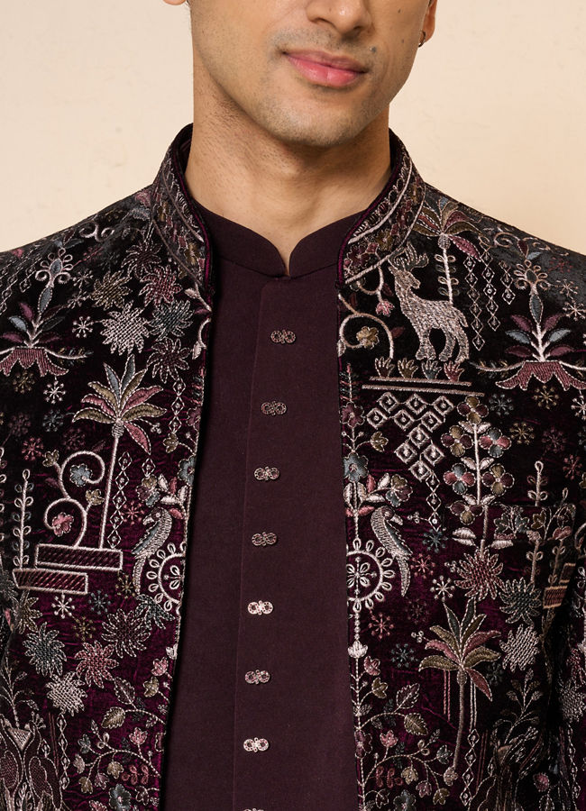 Manyavar Men Wine Velvet Embroidered Jodhpuri Suit