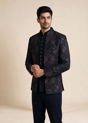 Manyavar Men Dark Blue Velvet Jodhpuri Suit with Self-Texture