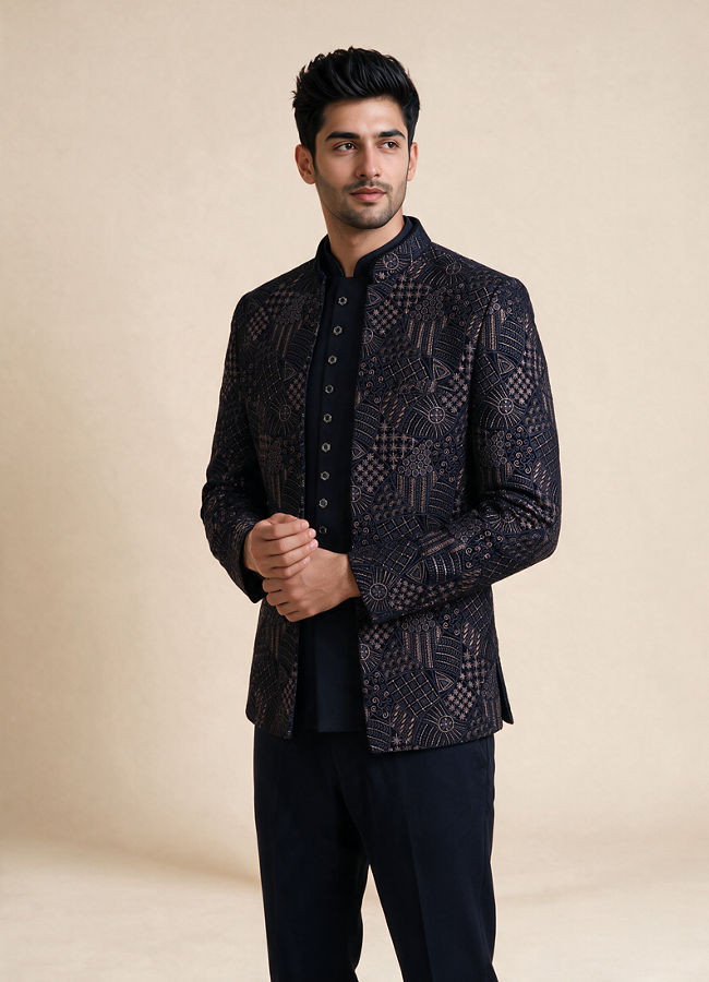 Manyavar Men Dark Blue Velvet Jodhpuri Suit with Self-Texture