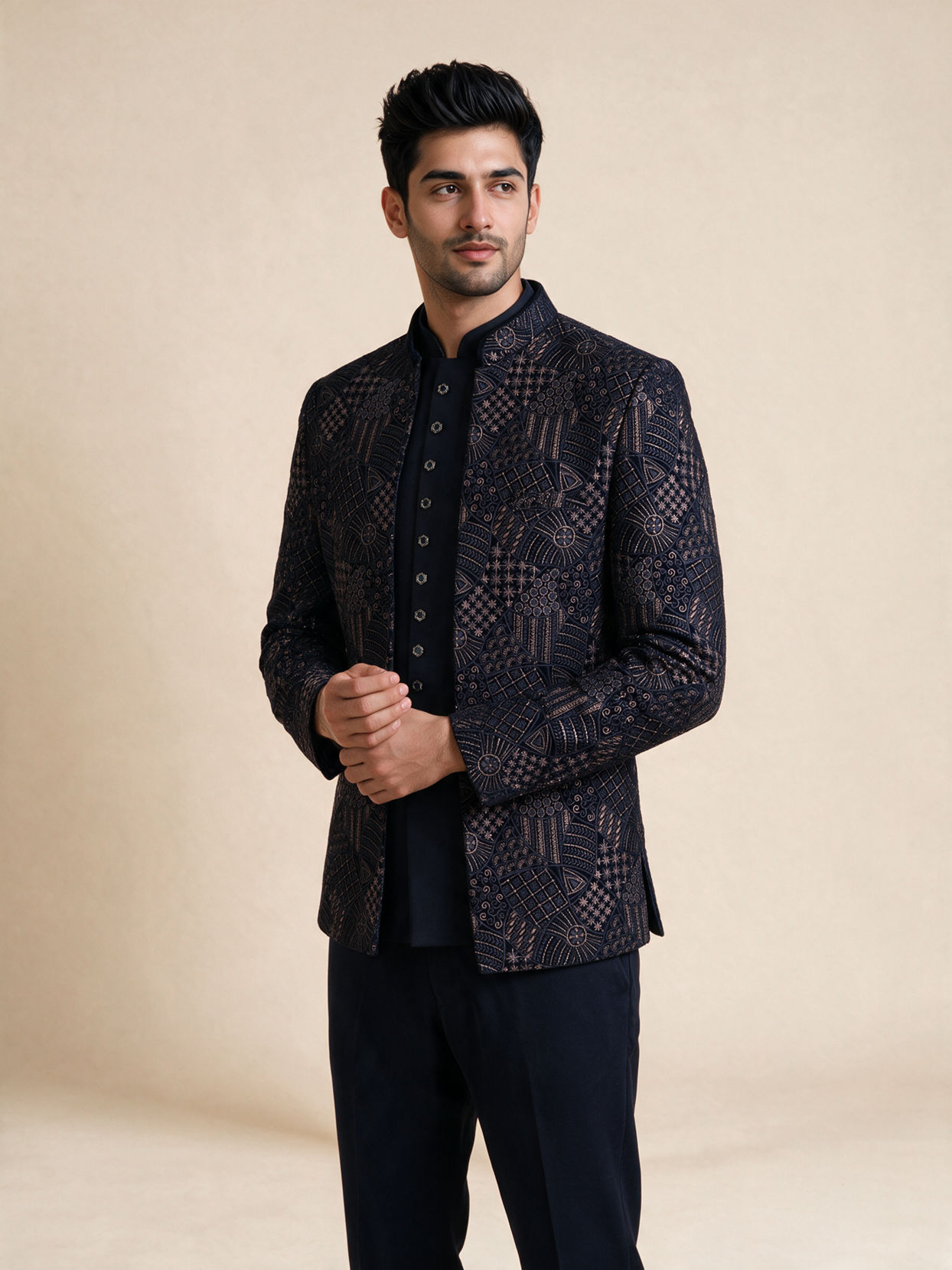 Manyavar Men Dark Blue Velvet Jodhpuri Suit with Self-Texture