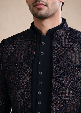 Manyavar Men Dark Blue Velvet Jodhpuri Suit with Self-Texture