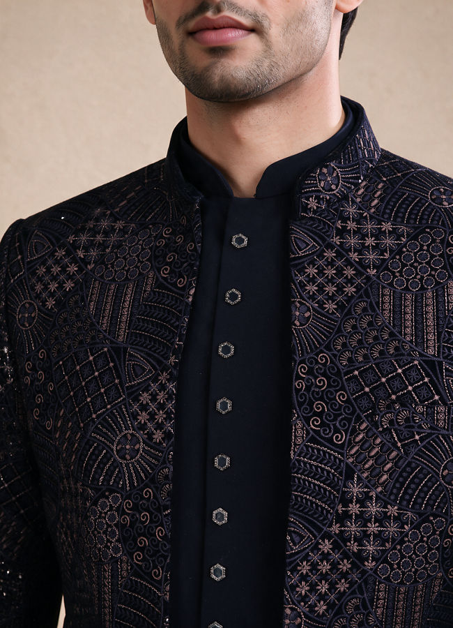 Manyavar Men Dark Blue Velvet Jodhpuri Suit with Self-Texture