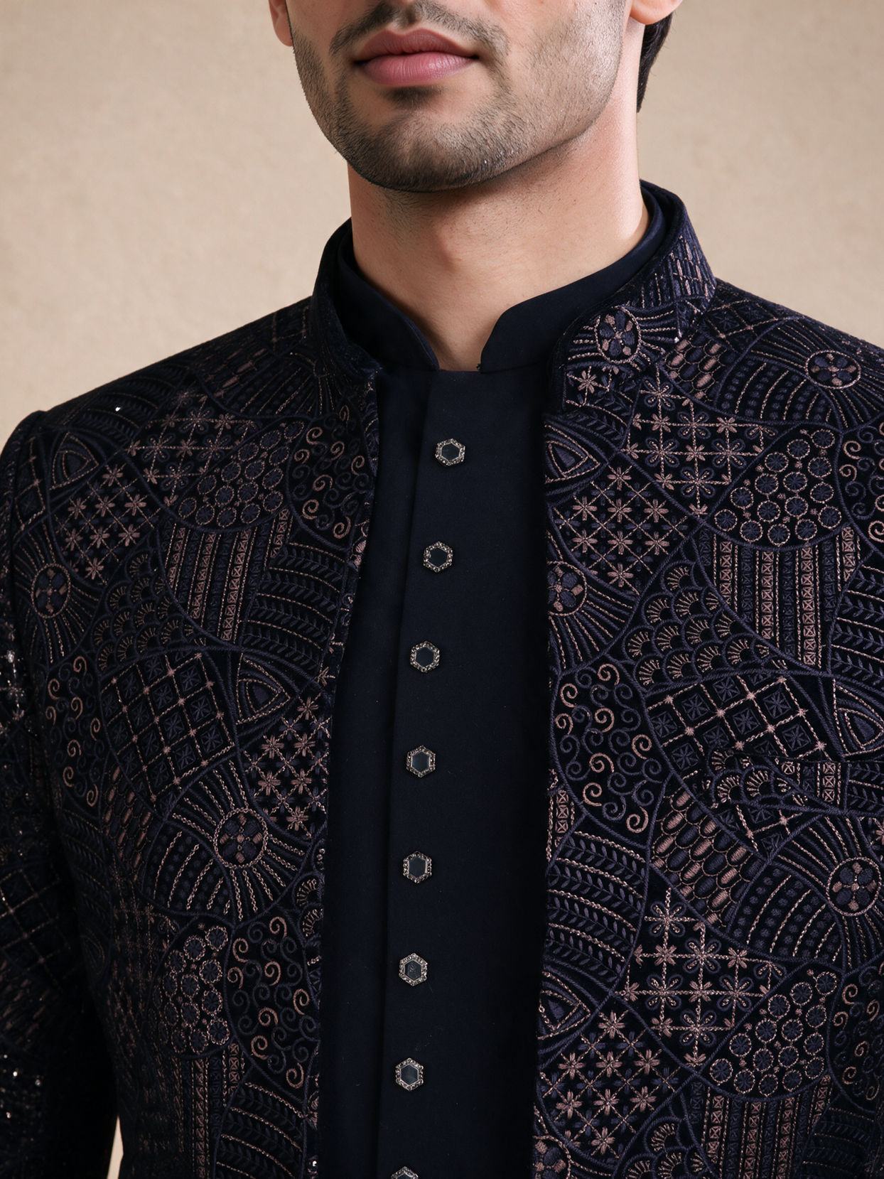 Manyavar Men Dark Blue Velvet Jodhpuri Suit with Self-Texture