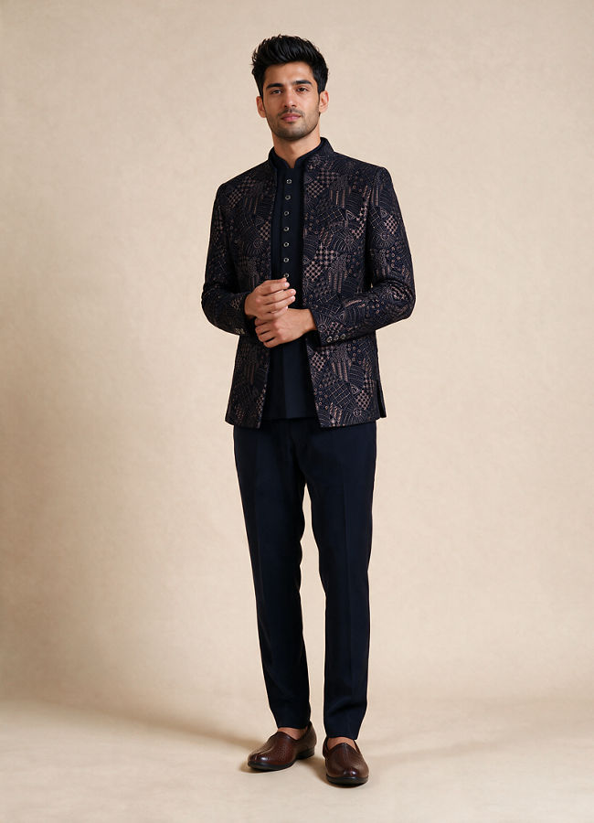 Manyavar Men Dark Blue Velvet Jodhpuri Suit with Self-Texture