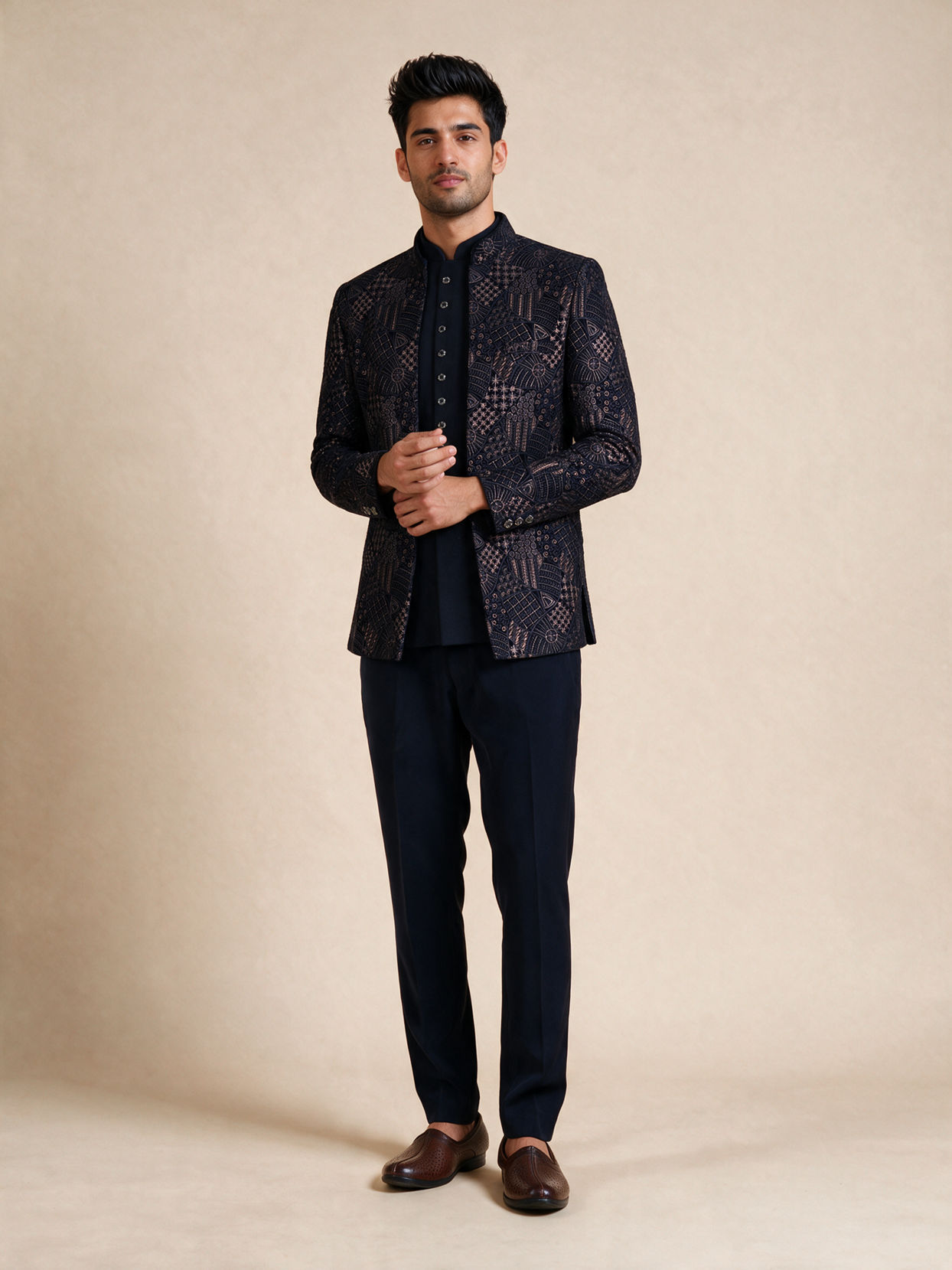 Manyavar Men Dark Blue Velvet Jodhpuri Suit with Self-Texture