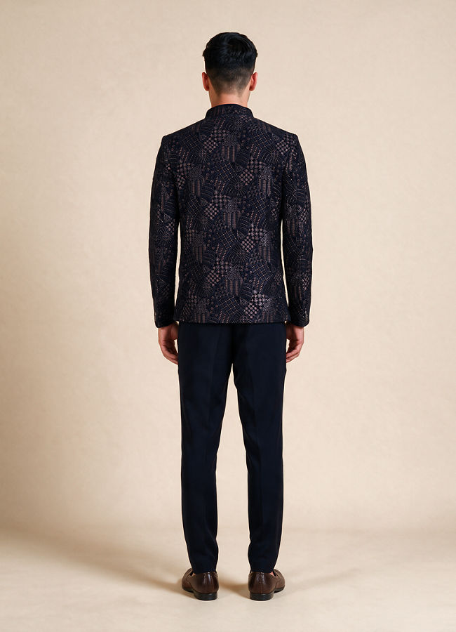 Manyavar Men Dark Blue Velvet Jodhpuri Suit with Self-Texture