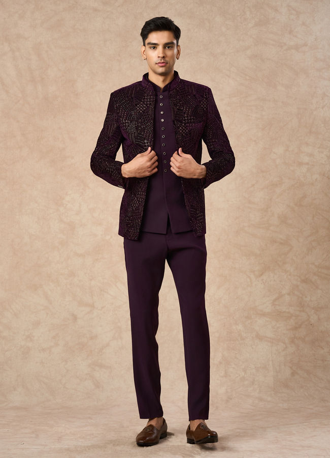 Manyavar Men Purple Velvet Jodhpuri Suit with Embroidery