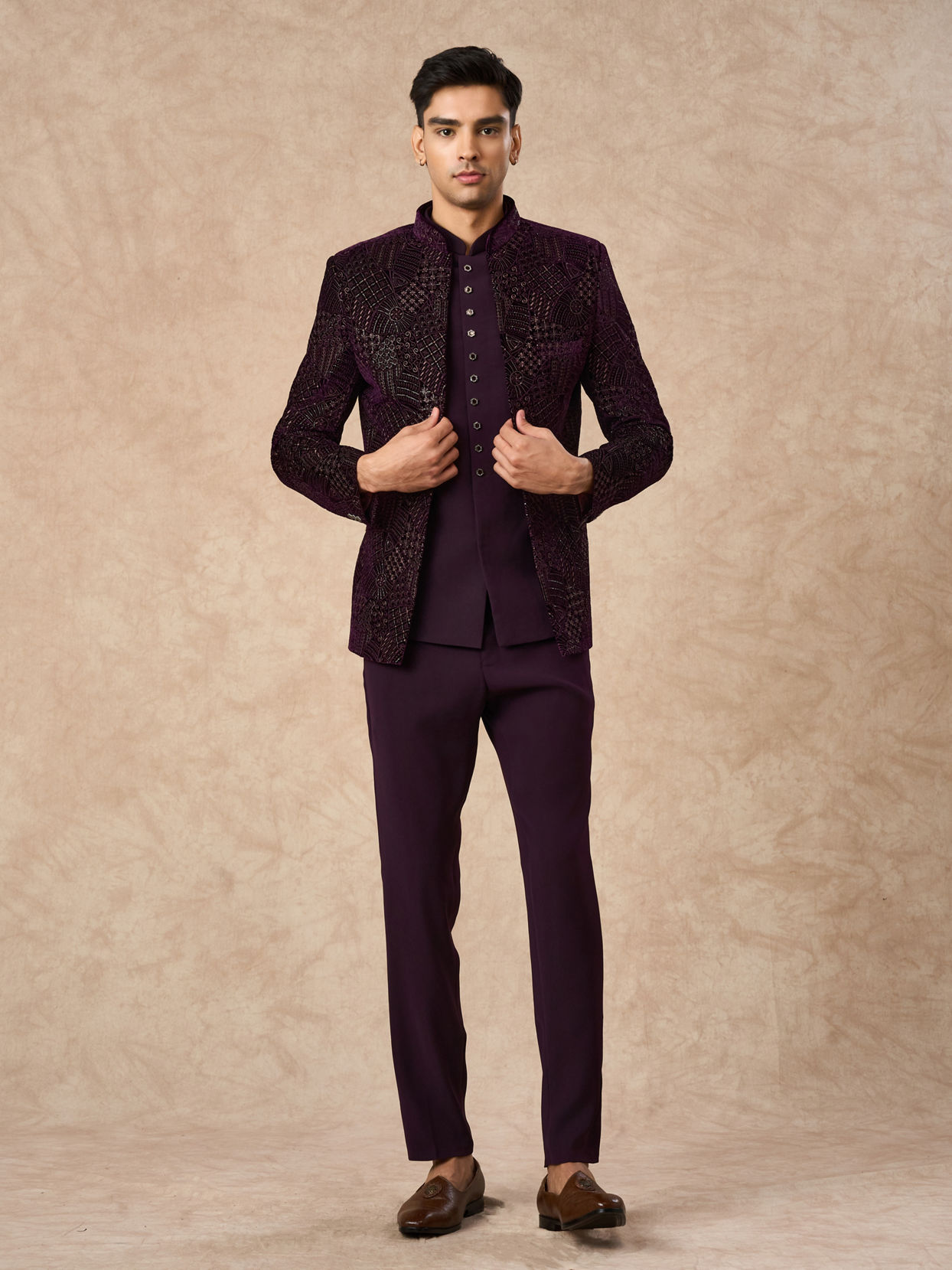 Manyavar Men Purple Velvet Jodhpuri Suit with Embroidery