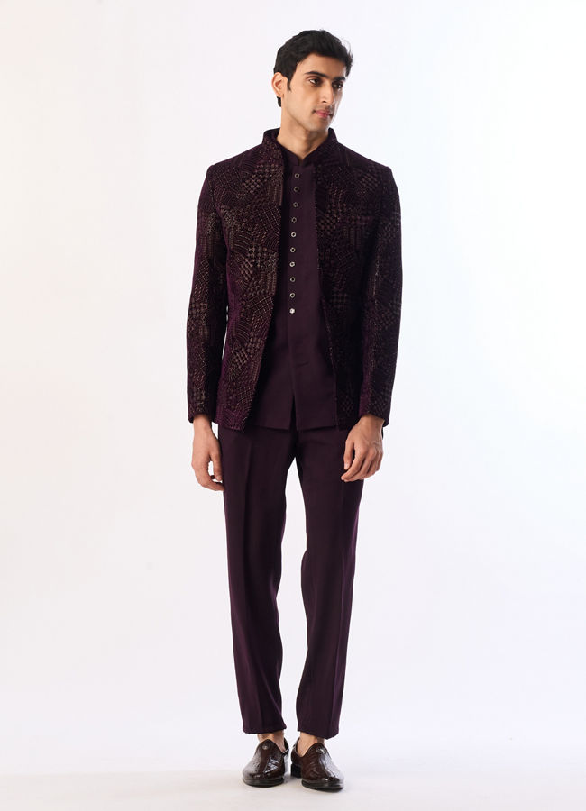 Manyavar Men Purple Velvet Jodhpuri Suit with Embroidery