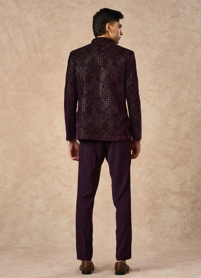 Manyavar Men Purple Velvet Jodhpuri Suit with Embroidery