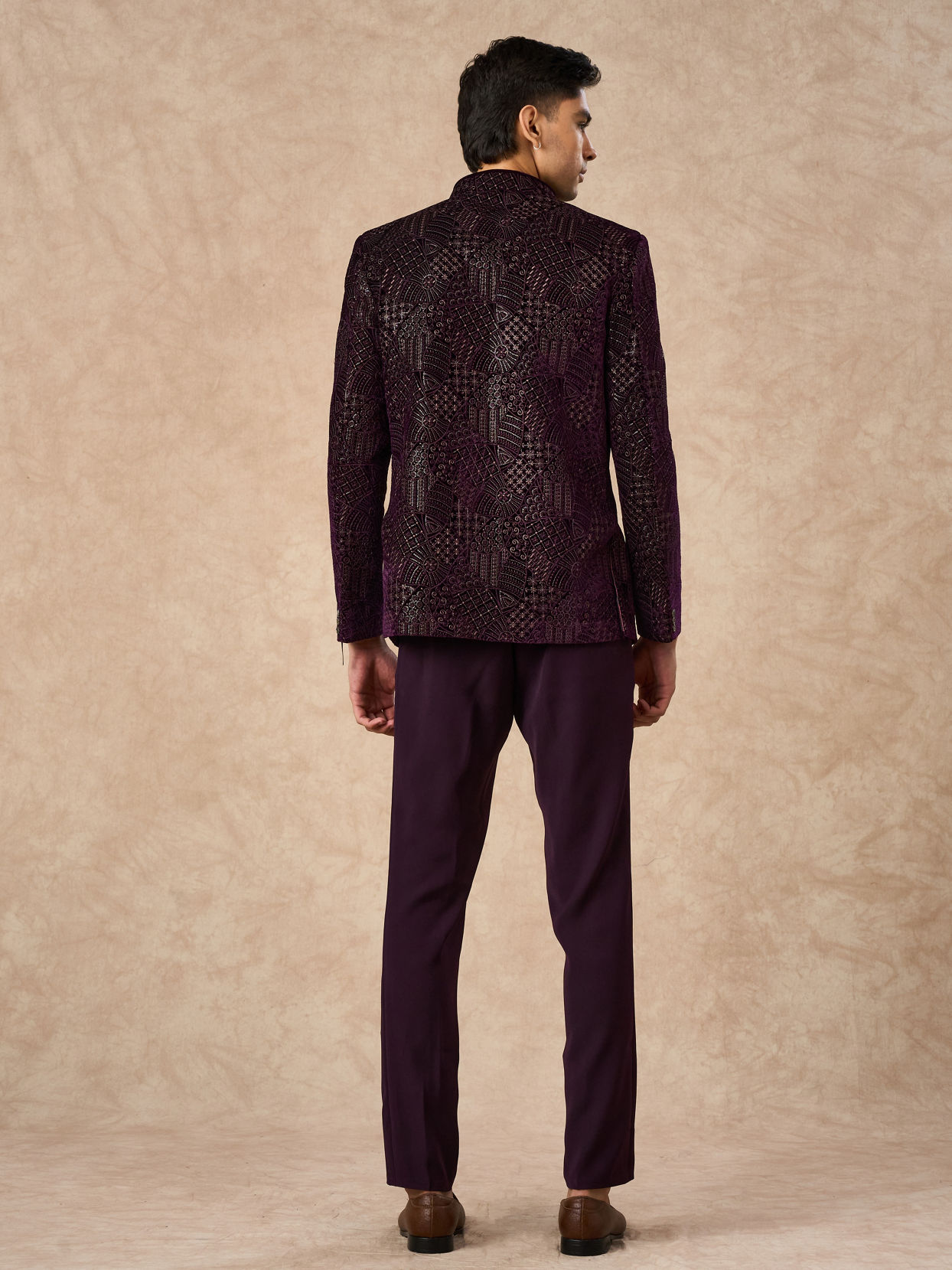Manyavar Men Purple Velvet Jodhpuri Suit with Embroidery