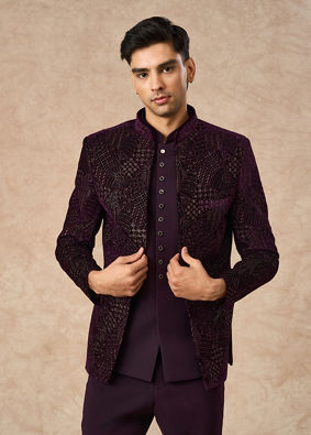 Manyavar Men Purple Velvet Jodhpuri Suit with Embroidery