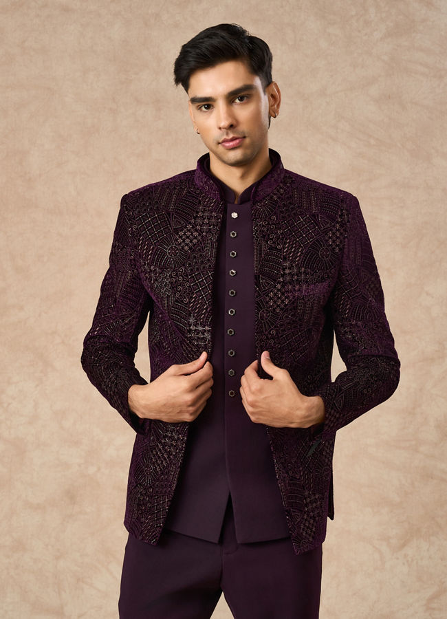 Manyavar Men Purple Velvet Jodhpuri Suit with Embroidery