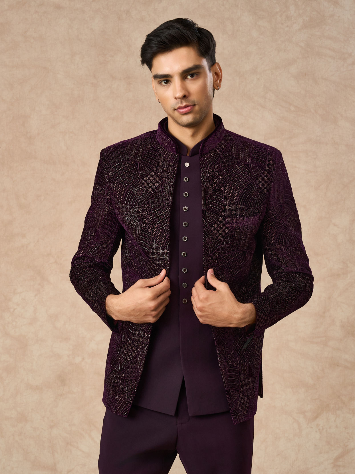 Manyavar Men Purple Velvet Jodhpuri Suit with Embroidery