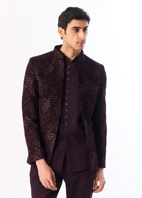 Manyavar Men Purple Velvet Jodhpuri Suit with Embroidery