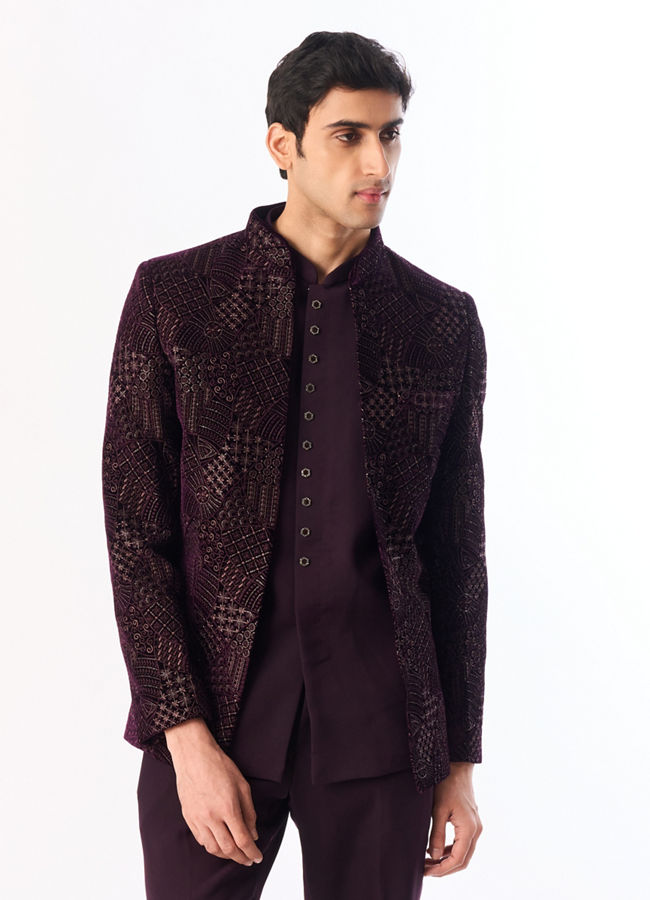 Manyavar Men Purple Velvet Jodhpuri Suit with Embroidery