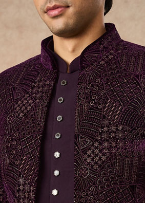 Manyavar Men Purple Velvet Jodhpuri Suit with Embroidery