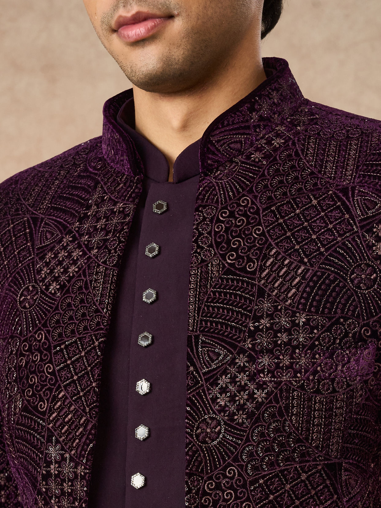 Manyavar Men Purple Velvet Jodhpuri Suit with Embroidery