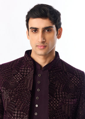 Manyavar Men Purple Velvet Jodhpuri Suit with Embroidery