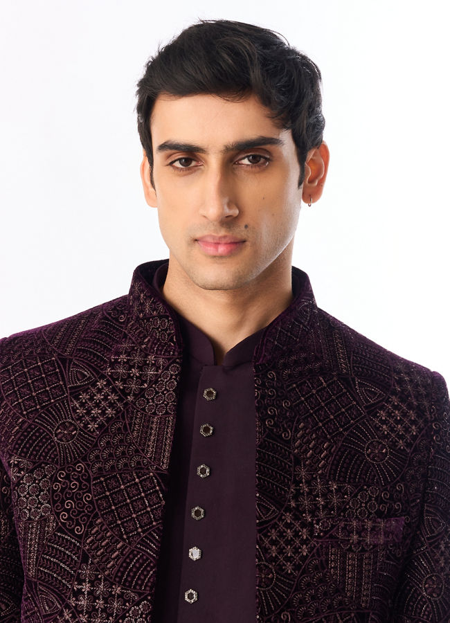 Manyavar Men Purple Velvet Jodhpuri Suit with Embroidery