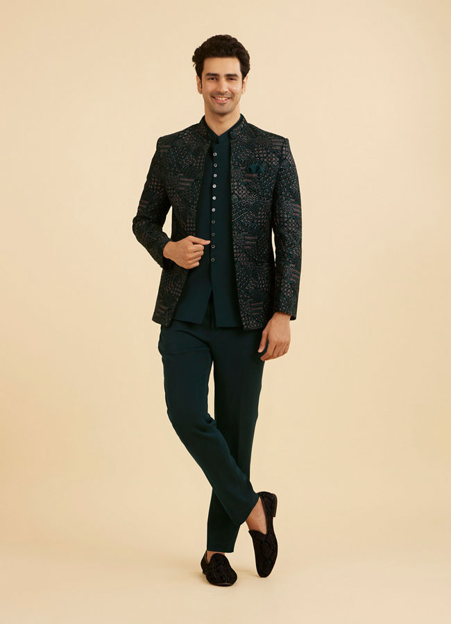 Manyavar Men Vijay's Emerald Green Velvet Embroidered Jodhpuri Suit