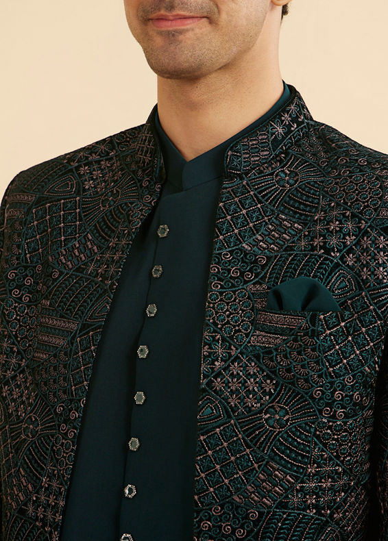 Manyavar Men Vijay's Emerald Green Velvet Embroidered Jodhpuri Suit