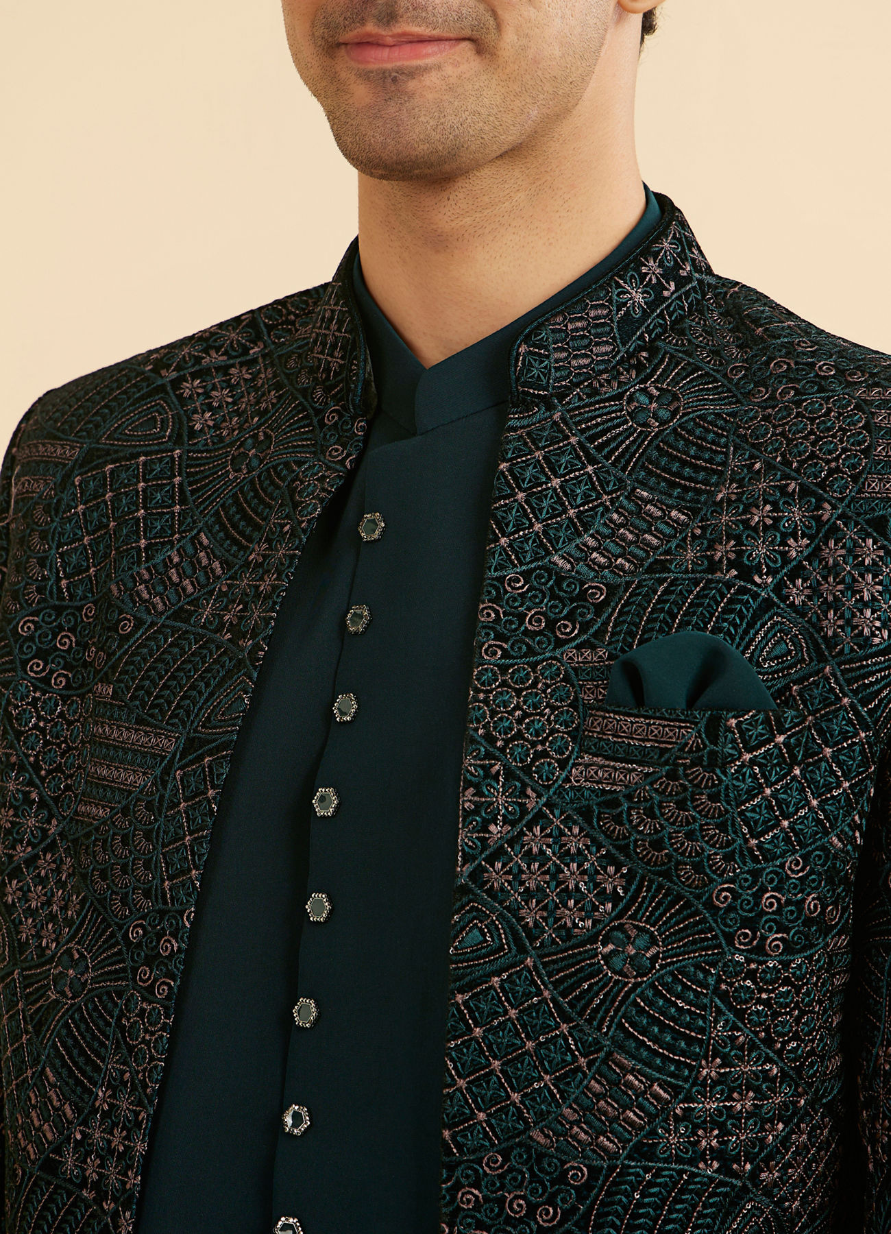 Manyavar Men Vijay's Emerald Green Velvet Embroidered Jodhpuri Suit