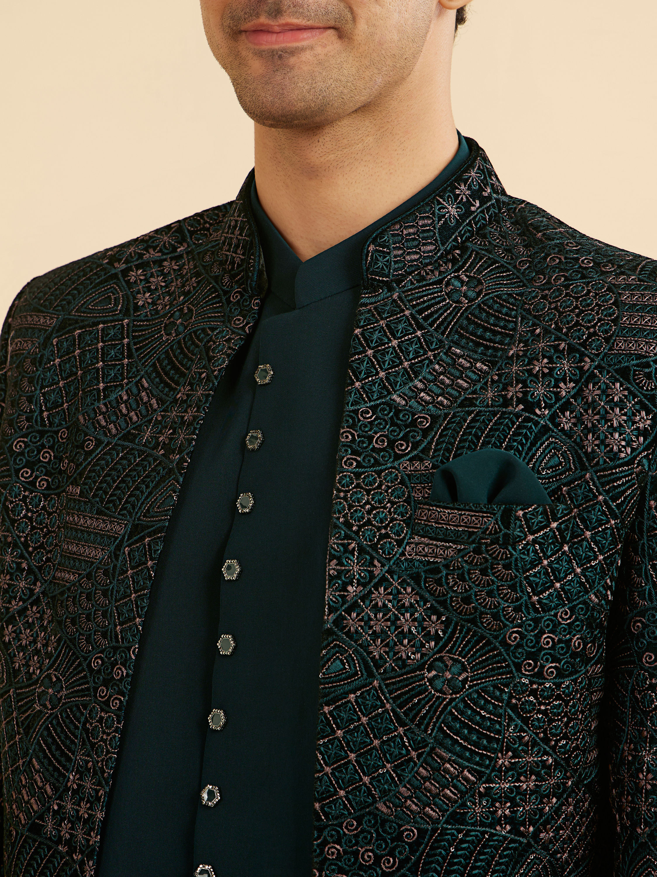 Manyavar Men Vijay's Emerald Green Velvet Embroidered Jodhpuri Suit