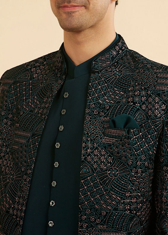 Manyavar Men Emerald Velvet Elegance Open Jodhpuri Suit