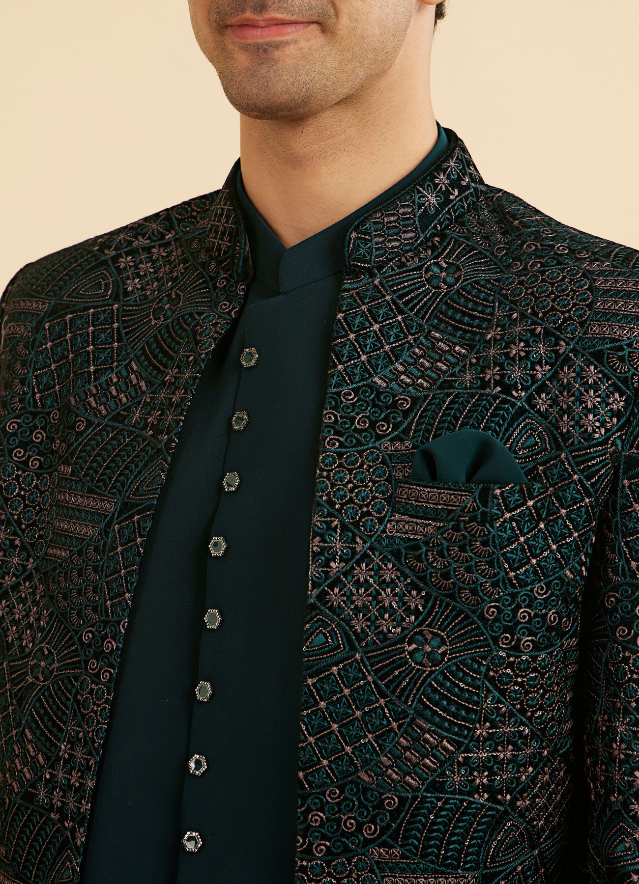 Manyavar Men Emerald Velvet Elegance Open Jodhpuri Suit