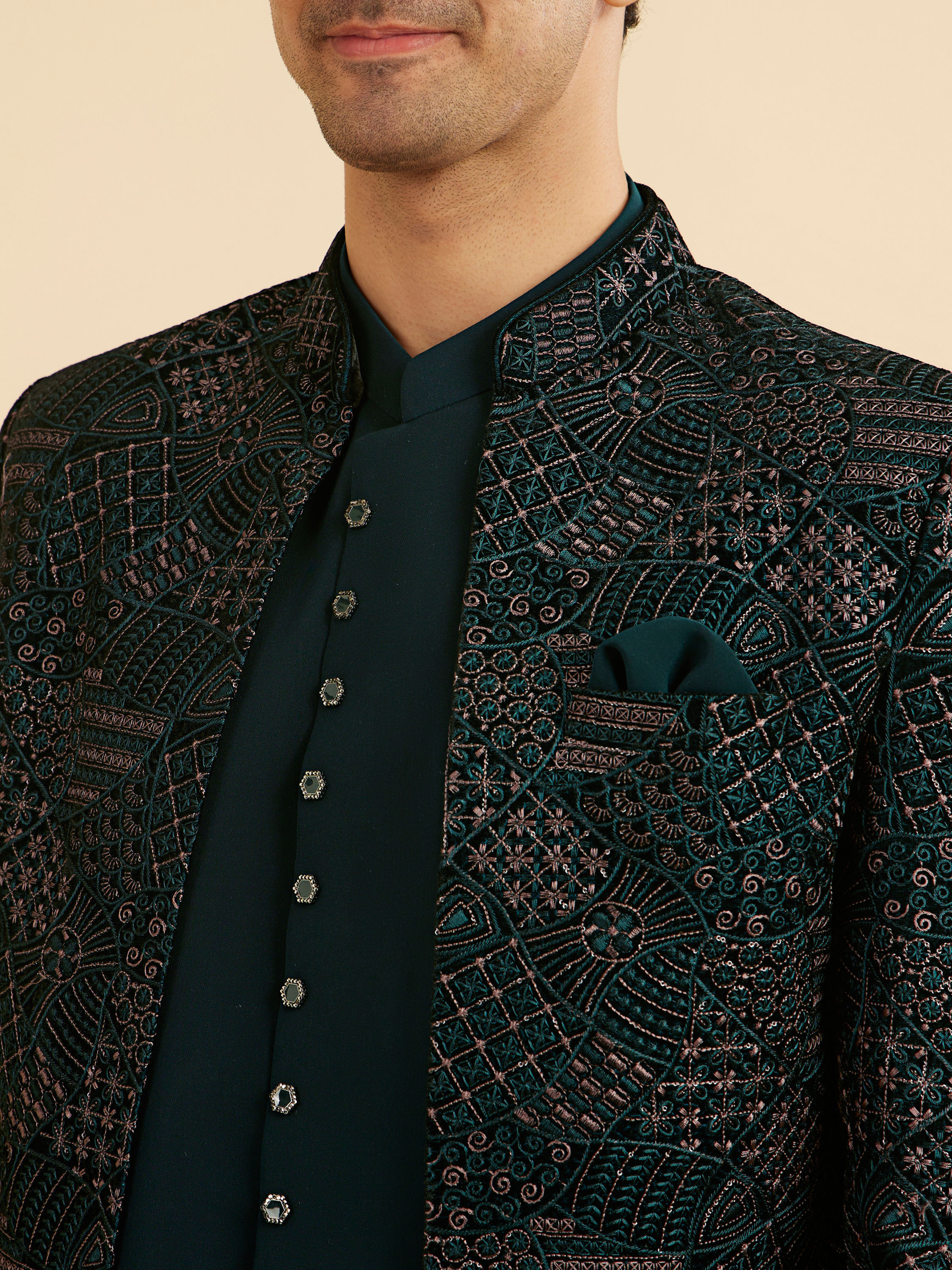 Manyavar Men Emerald Velvet Elegance Open Jodhpuri Suit