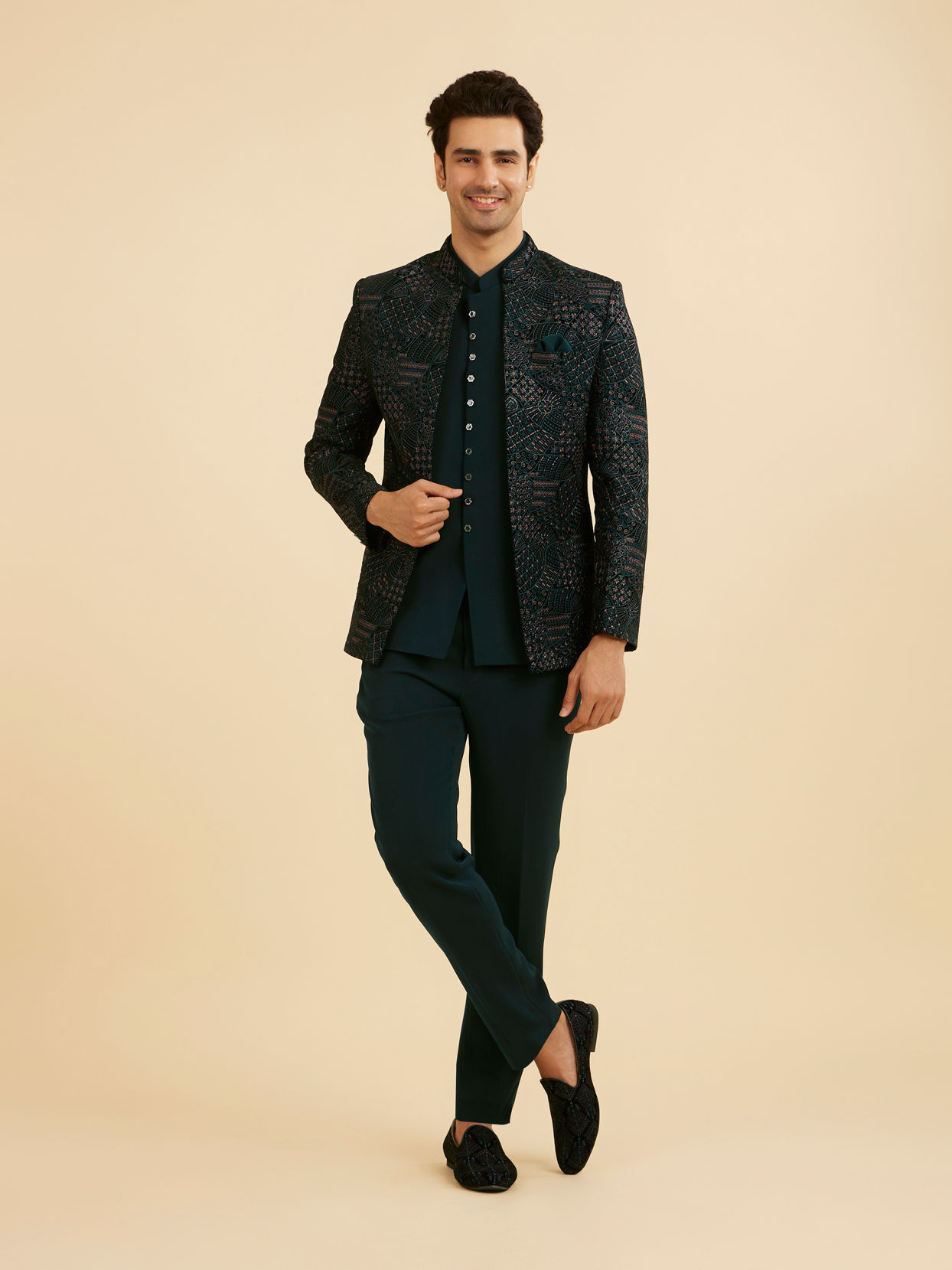 Manyavar Men Emerald Velvet Elegance Open Jodhpuri Suit