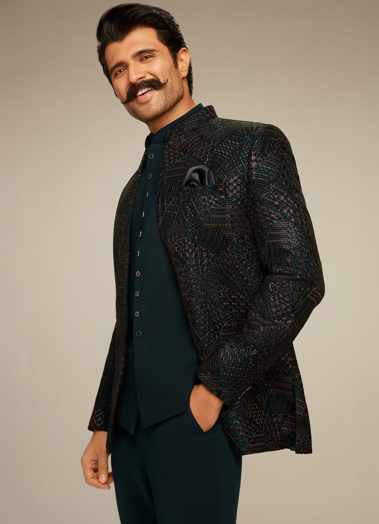 Manyavar Men Emerald Velvet Elegance Open Jodhpuri Suit