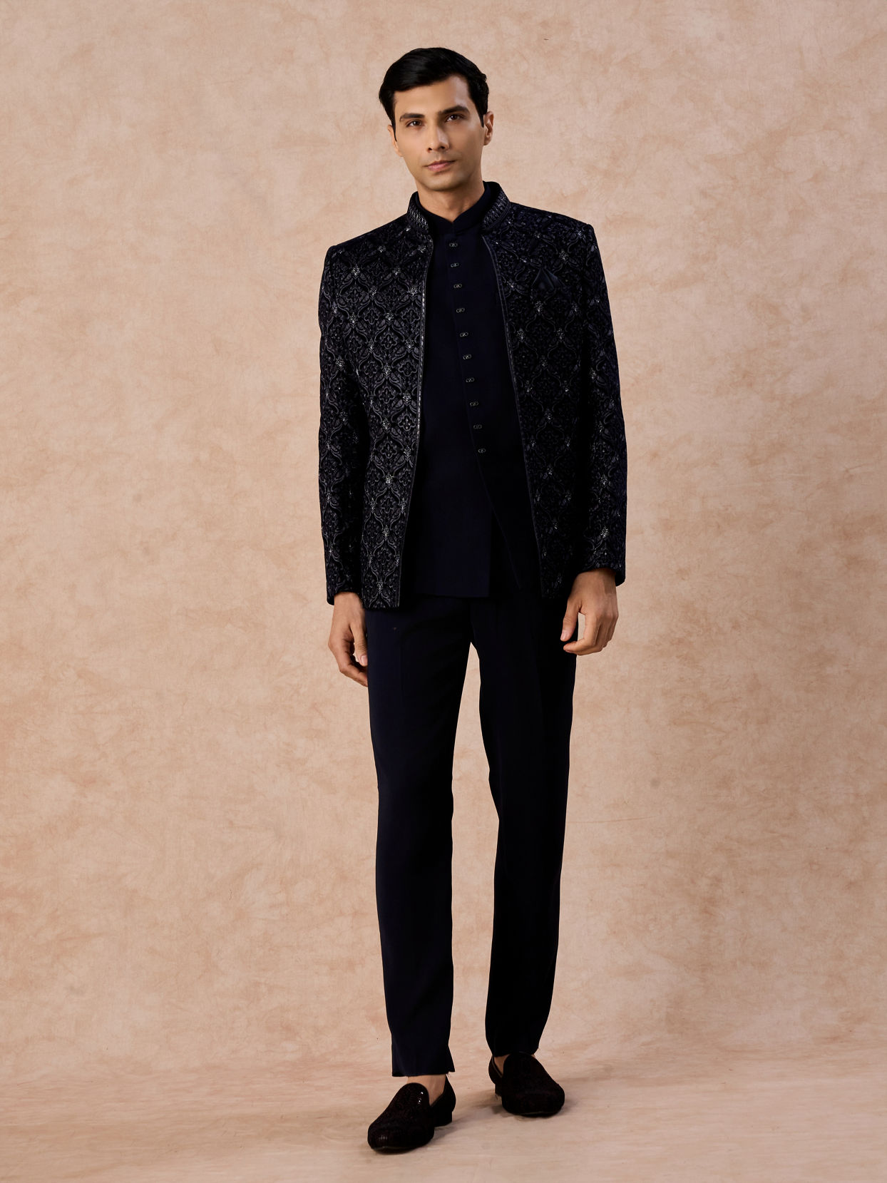 Manyavar Men Dark Blue Velvet Open Jodhpuri Suit