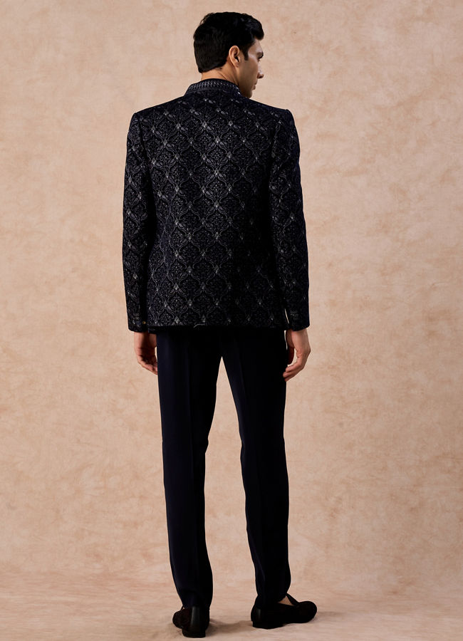 Manyavar Men Dark Blue Velvet Open Jodhpuri Suit