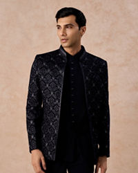 Manyavar Men Dark Blue Velvet Open Jodhpuri Suit
